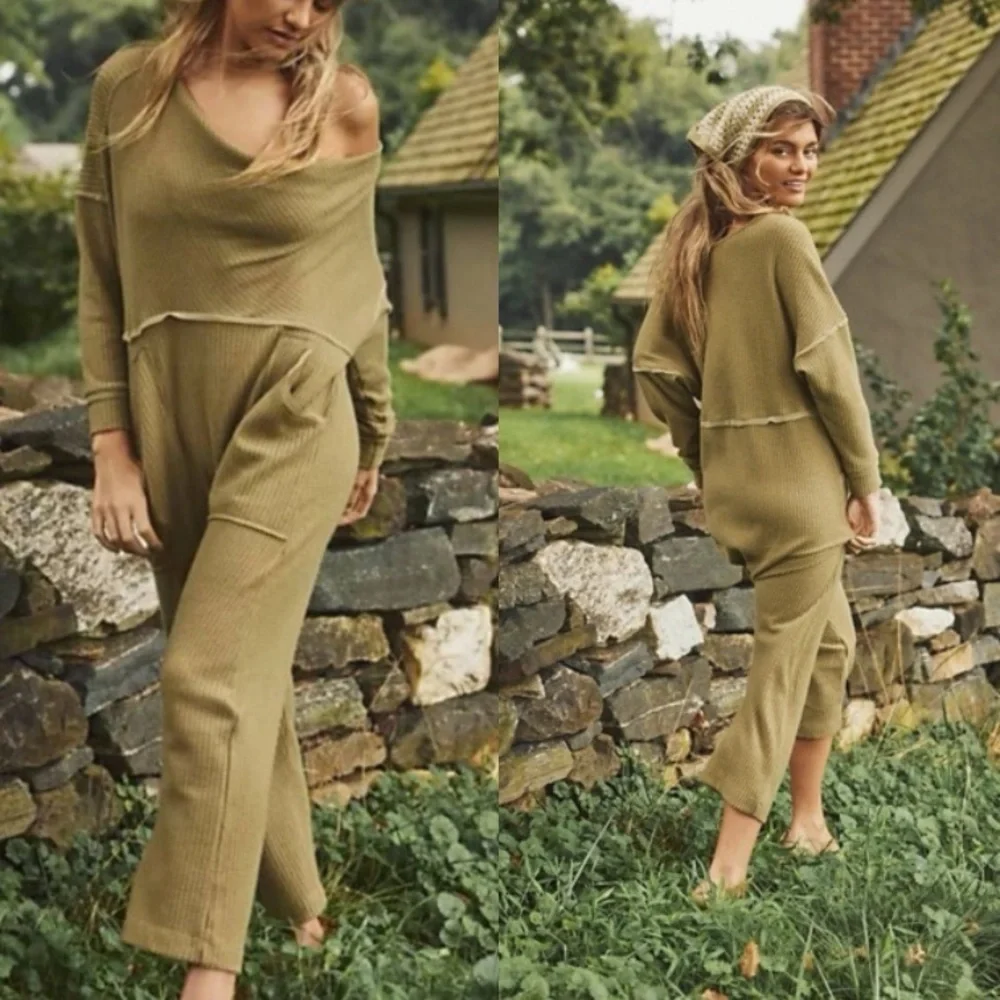FREE PEOPLE Intimately Kickback Waffle Cowlneck Romper Jumpsuit Onesie